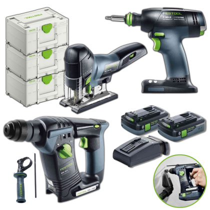 Festool Zestaw akumulatorowy Młotowiertarka SDS+ BHC 18 + wyrzynarka PSC 420 EB + wkrętarka T 18+3 HPC 4,0 I-Plus