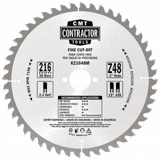 Piła tarczowa do poprzecznego i wzdłużnego cięcia drewna CMT 216x30mm HM 2,8/1,8 Z=48 -5 Neg.